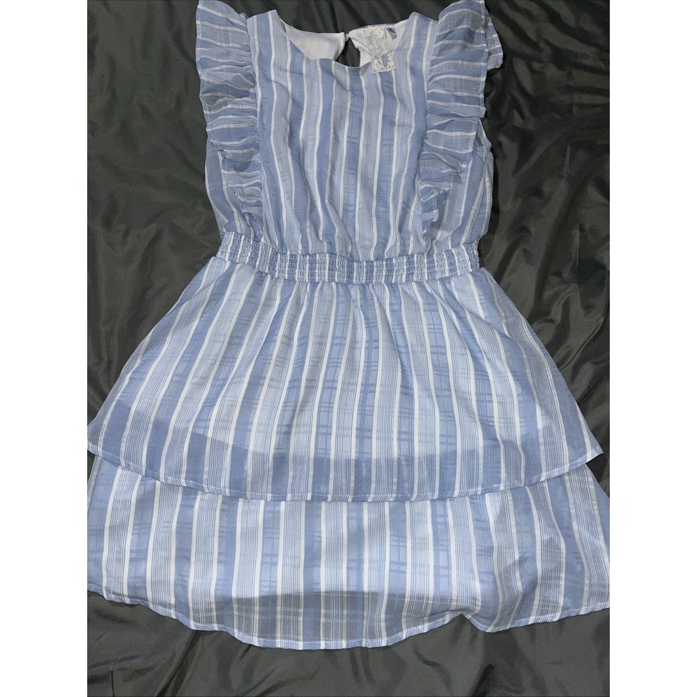 Sadie & Sage Blue & White Stripped Ruffle Dress Light Breezy Women's Size Medium